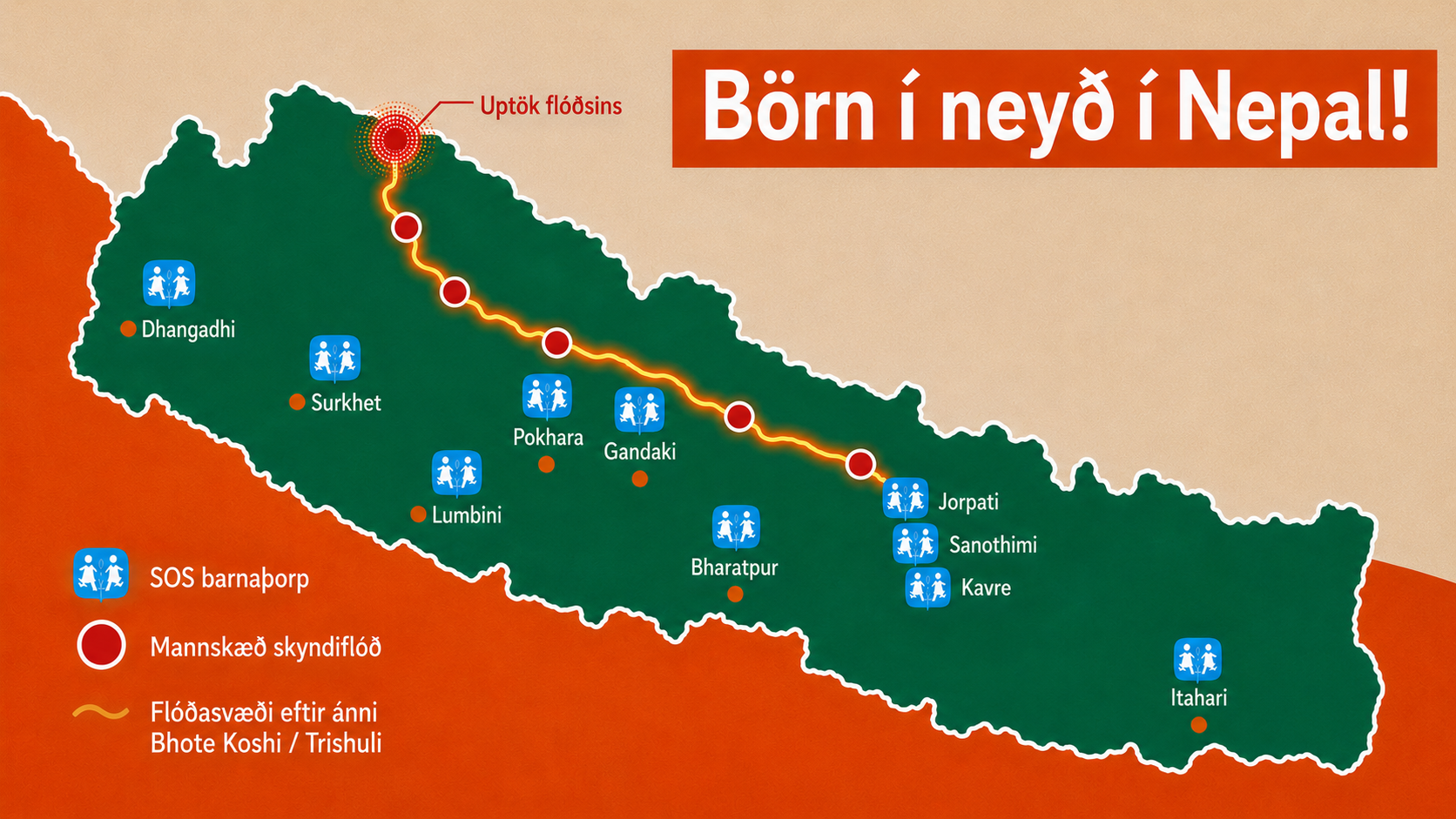 Börn í neyð eftir mannskæð skyndiflóð í Nepal